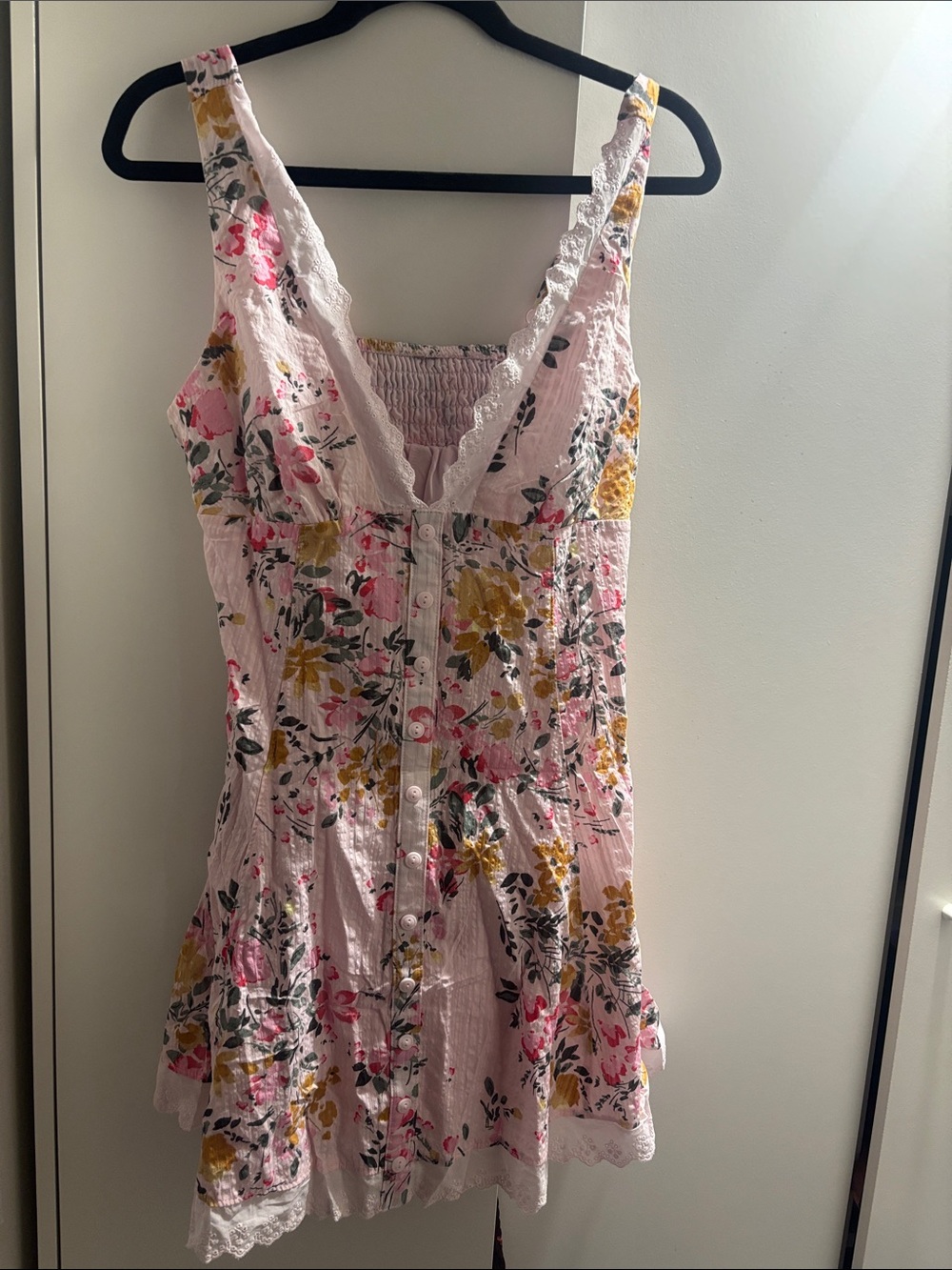 Floral Lace-Trim Pink Sundress with Button Front